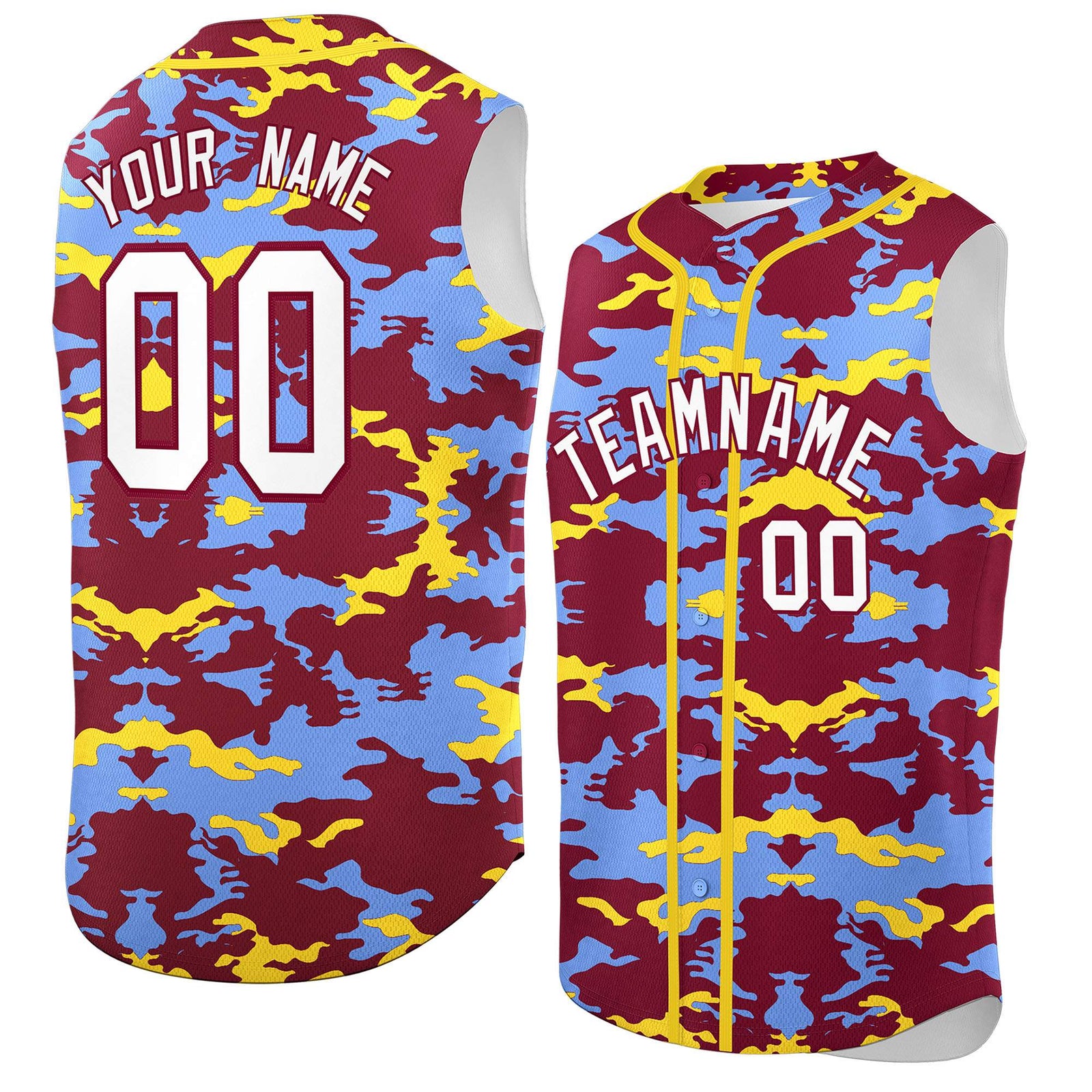 Custom Crimson Light Blue and Gold Camo Fashion Authentic Sleeveless Baseball Jersey
