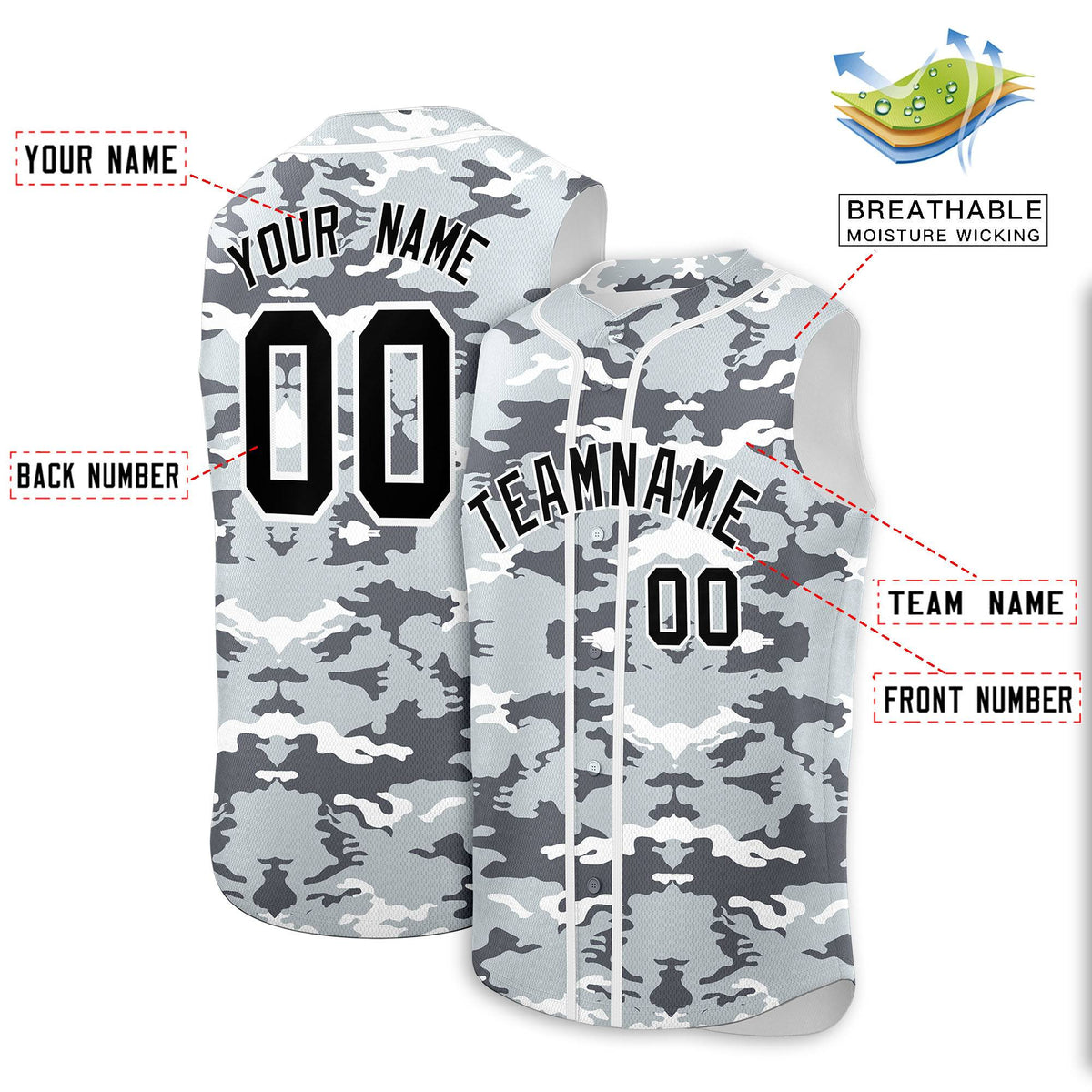 Custom Silver Gray and White Camo Fashion Authentic Sleeveless Baseball Jersey