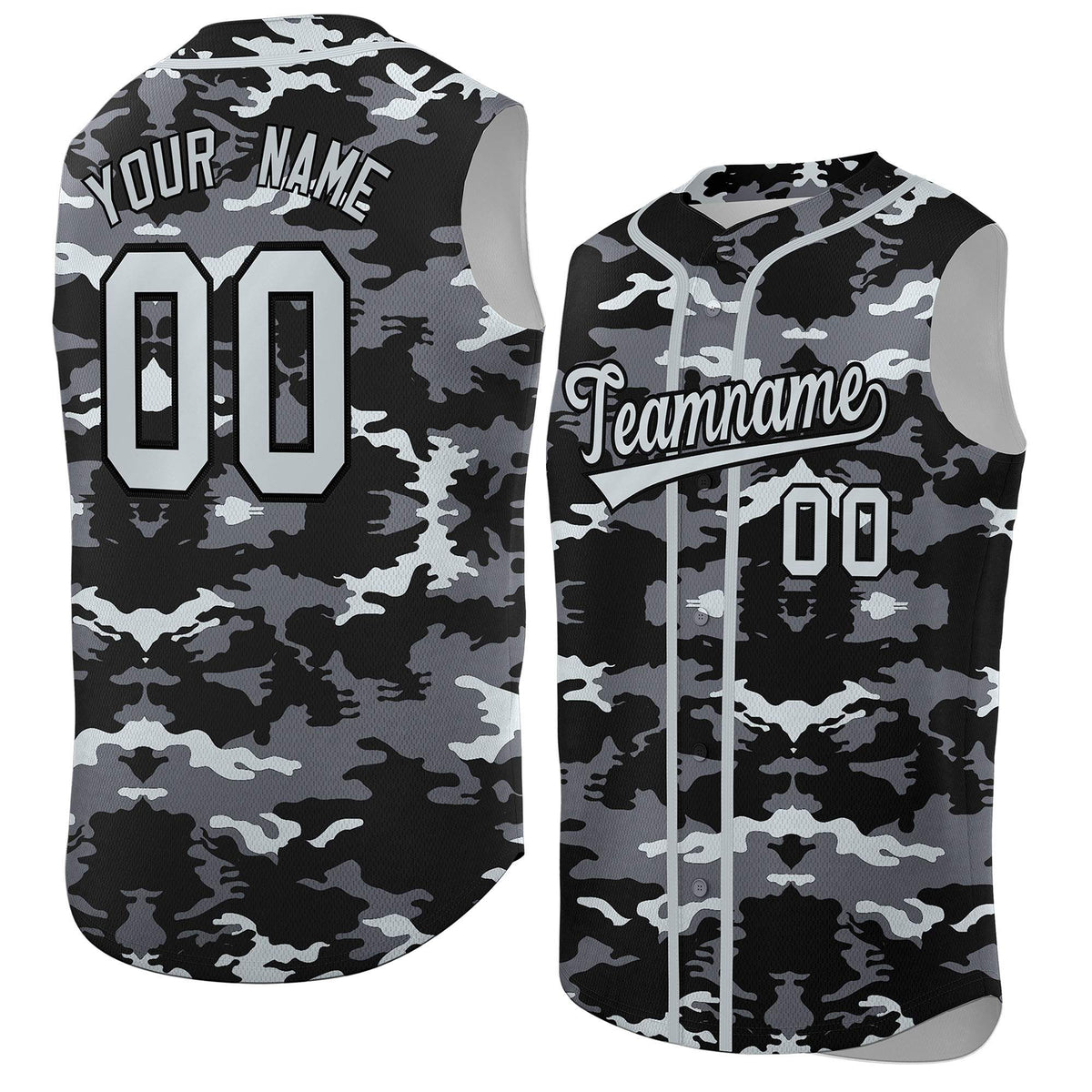 Custom Black Gray and Silver Camo Fashion Authentic Sleeveless Baseball Jersey