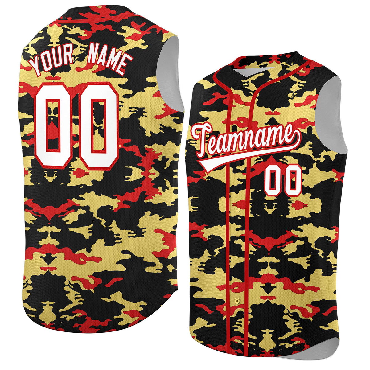 Custom Black Old Gold and Red Camo Fashion Authentic Sleeveless Baseball Jersey