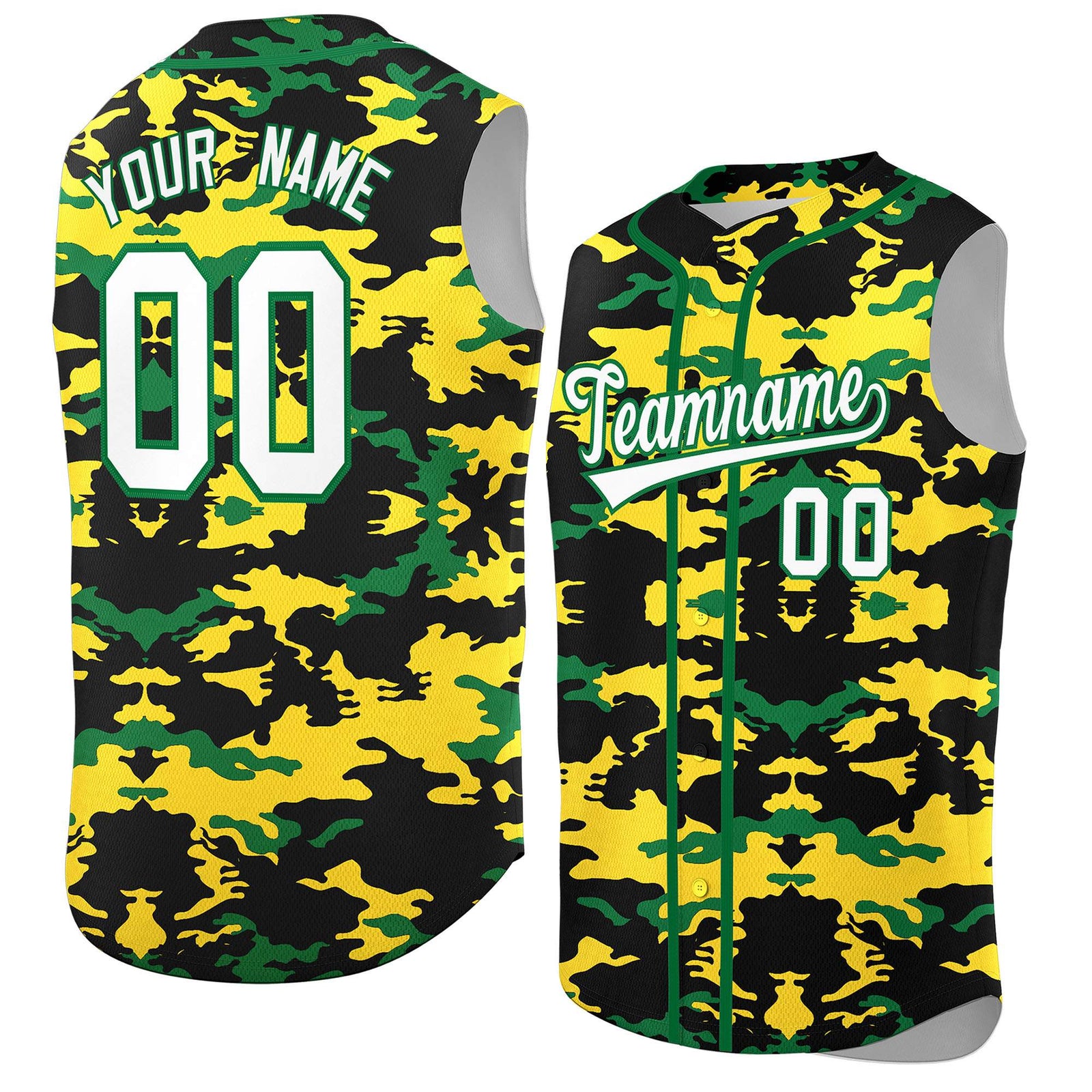 Custom Black Gold and Kelly Green Camo Fashion Authentic Sleeveless Baseball Jersey
