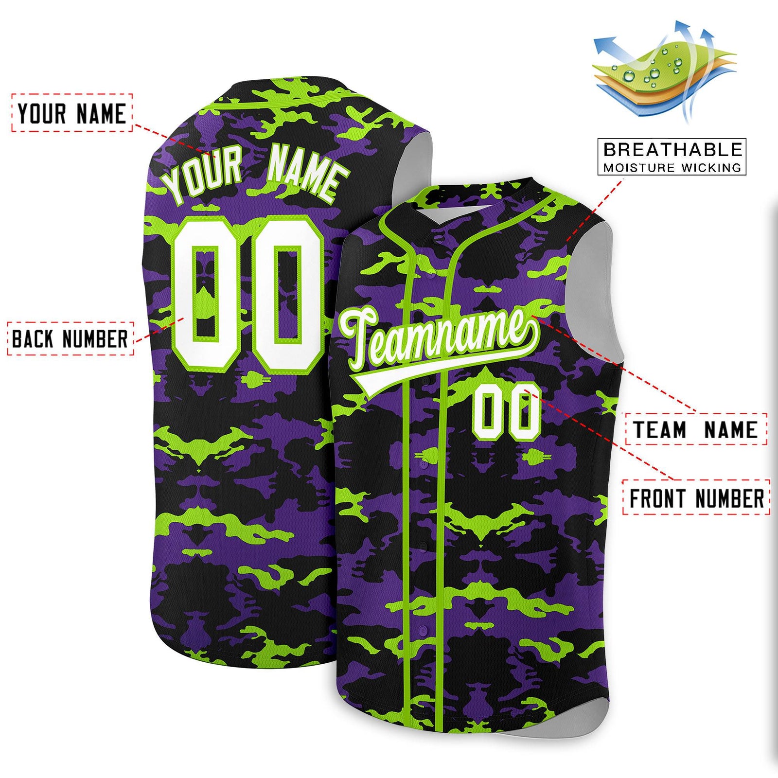 Custom Black Purple and Neon Green Camo Fashion Authentic Sleeveless Baseball Jersey