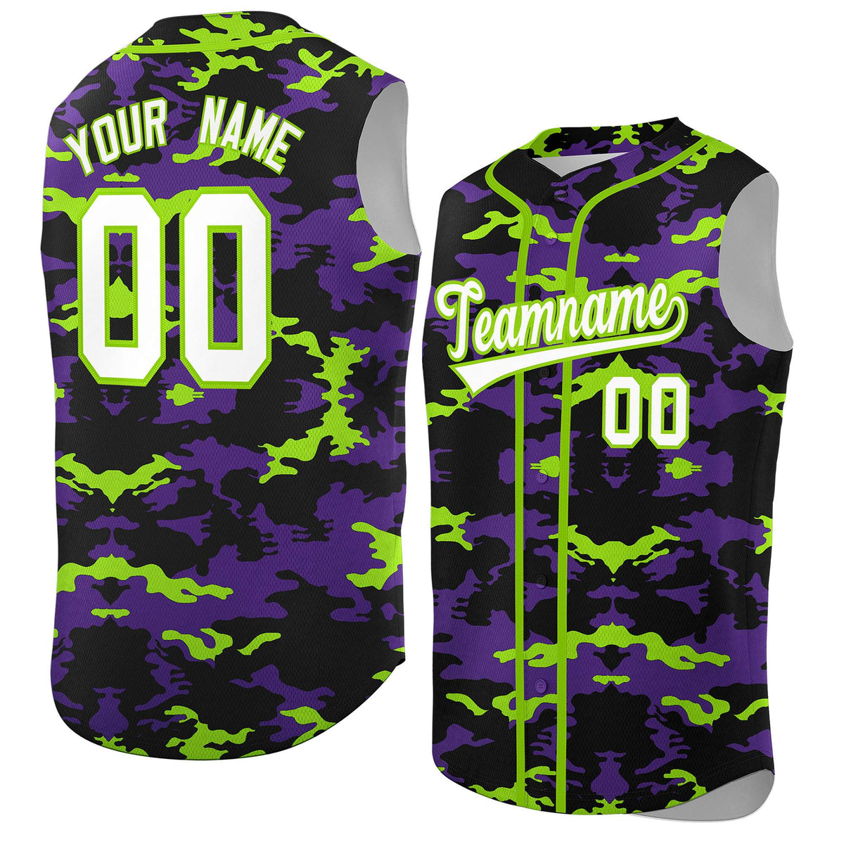 Custom Black Purple and Neon Green Camo Fashion Authentic Sleeveless Baseball Jersey