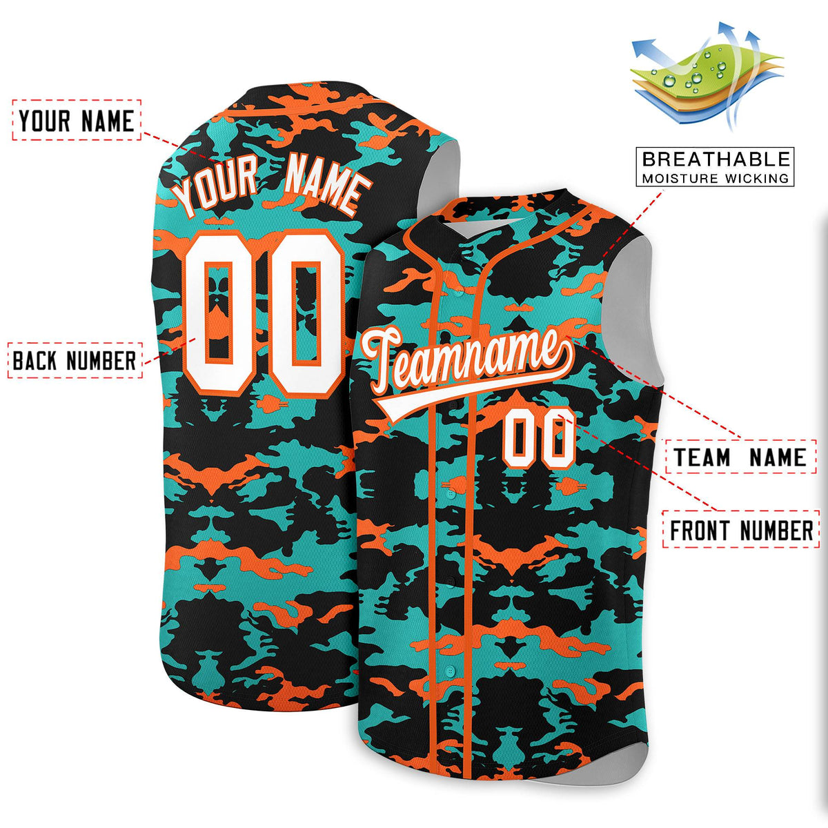 Custom Black Aqua and Orange Camo Fashion Authentic Sleeveless Baseball Jersey