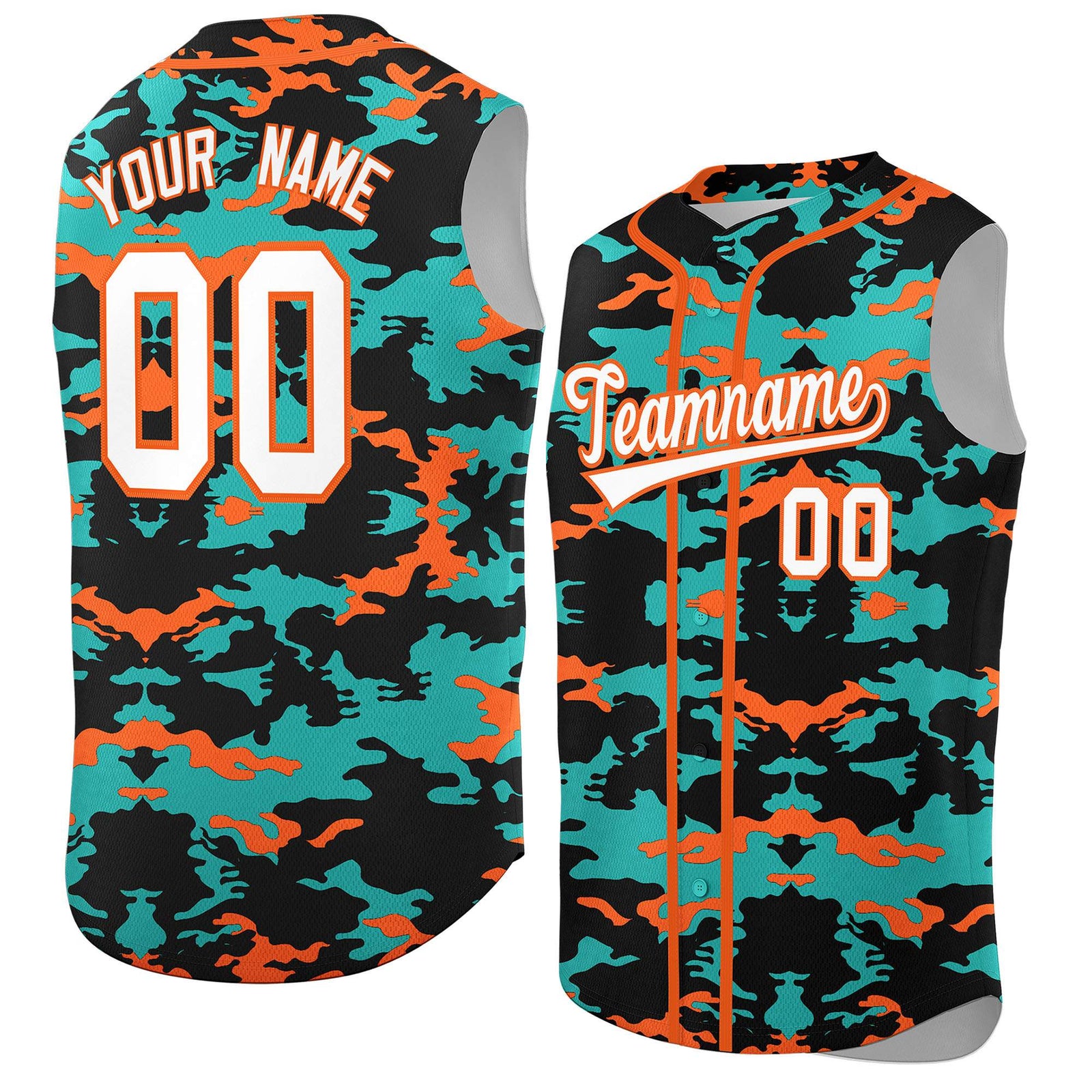 Custom Black Aqua and Orange Camo Fashion Authentic Sleeveless Baseball Jersey
