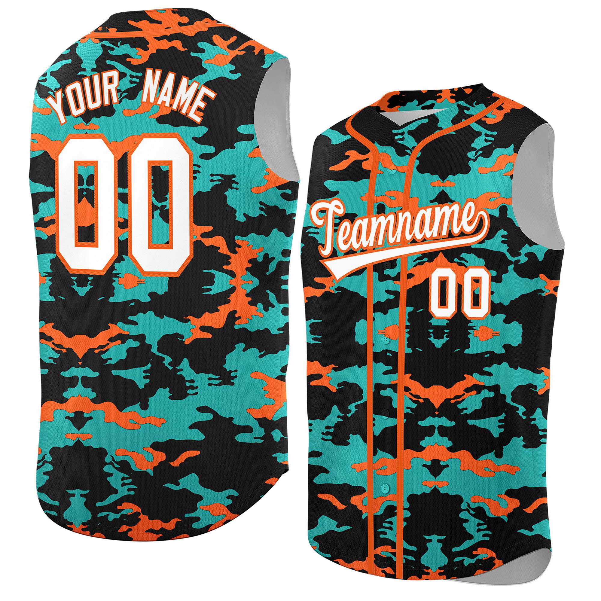 Custom Black Aqua and Orange Camo Fashion Authentic Sleeveless Baseball Jersey