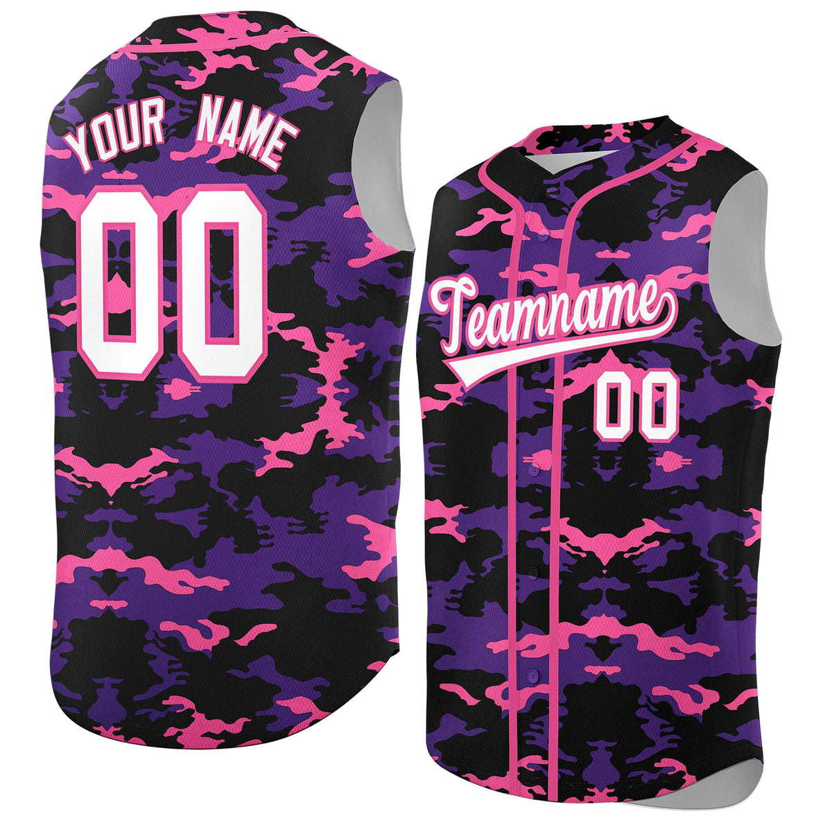 Custom Black Purple and Pink Camo Fashion Authentic Sleeveless Baseball Jersey