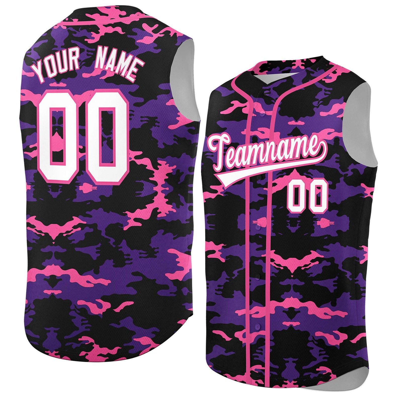 Custom Black Purple and Pink Camo Fashion Authentic Sleeveless Baseball Jersey