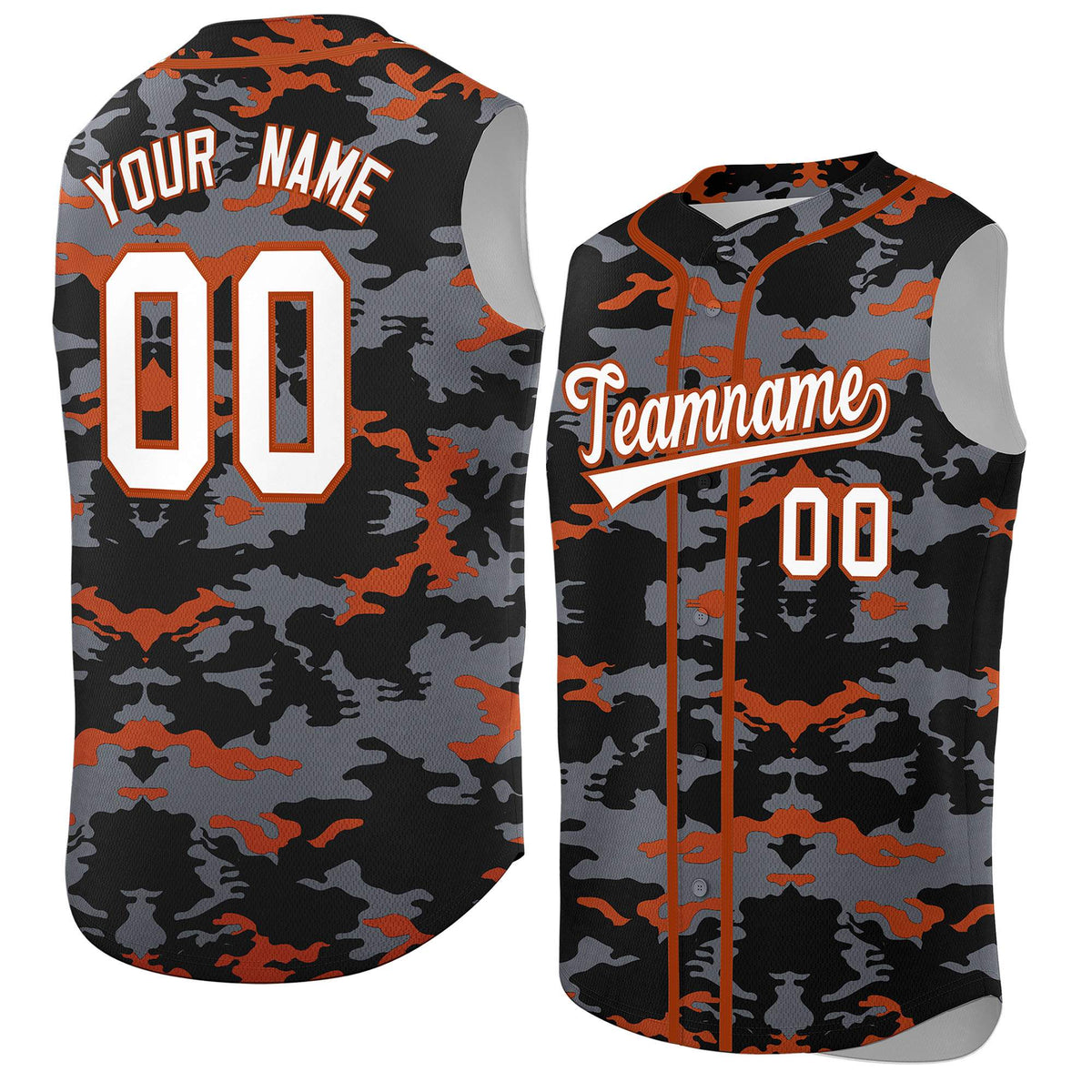 Custom Black Gray and Texas Orange Camo Fashion Authentic Sleeveless Baseball Jersey