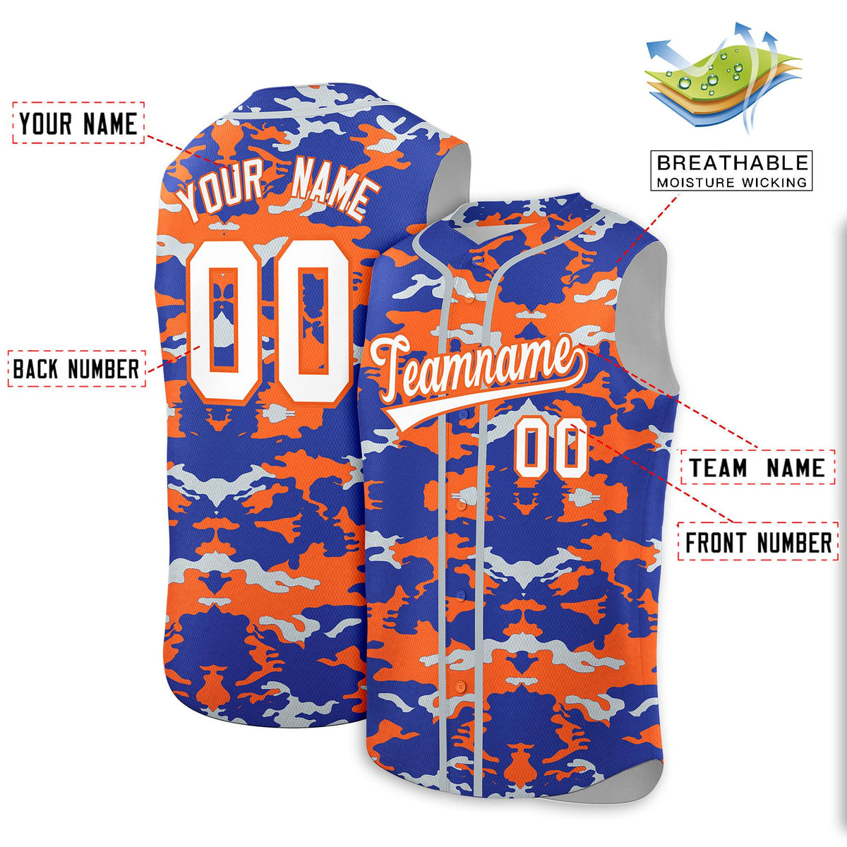 Custom Royal Orange and Silver Camo Fashion Authentic Sleeveless Baseball Jersey