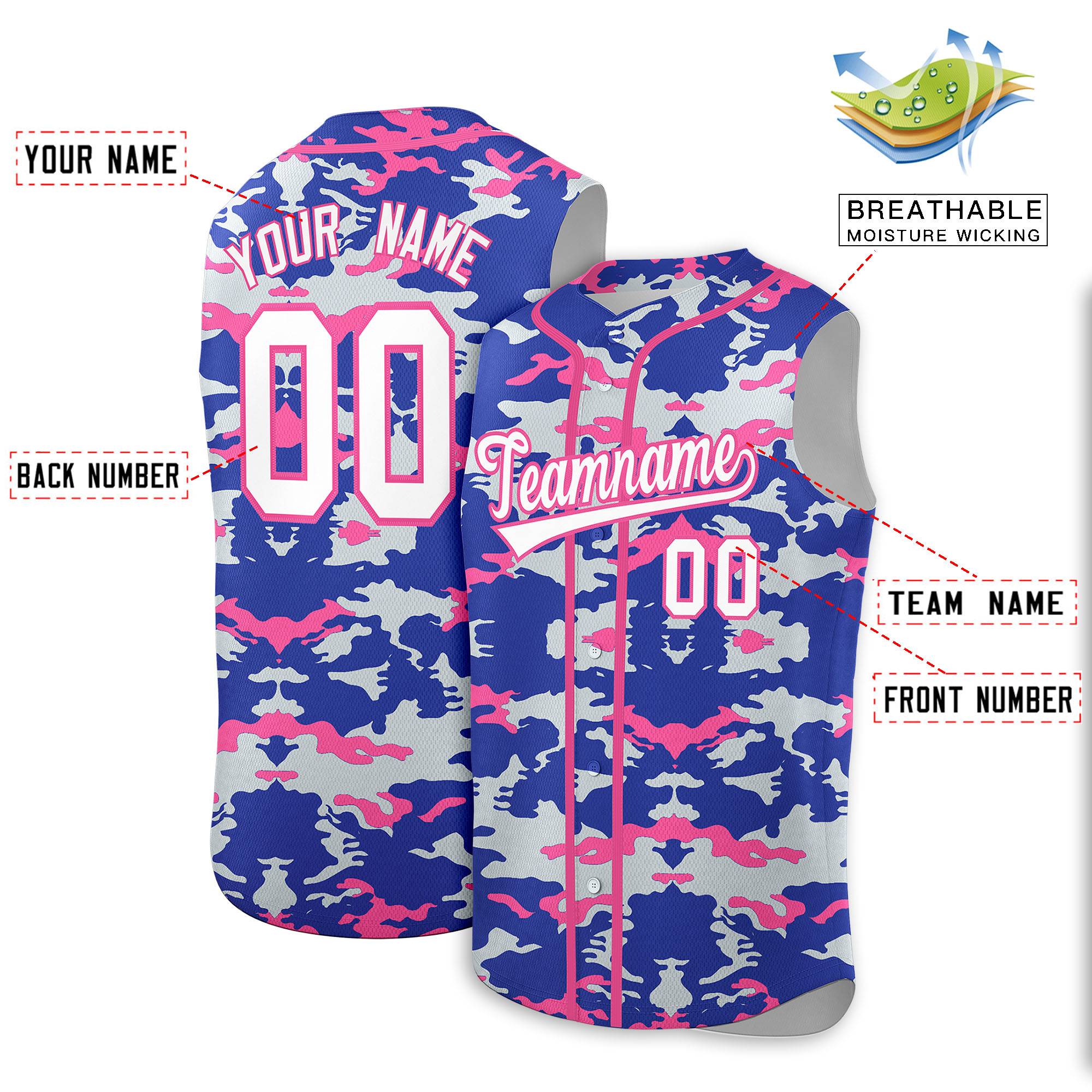 Custom Royal Silver and Pink Camo Fashion Authentic Sleeveless Baseball Jersey