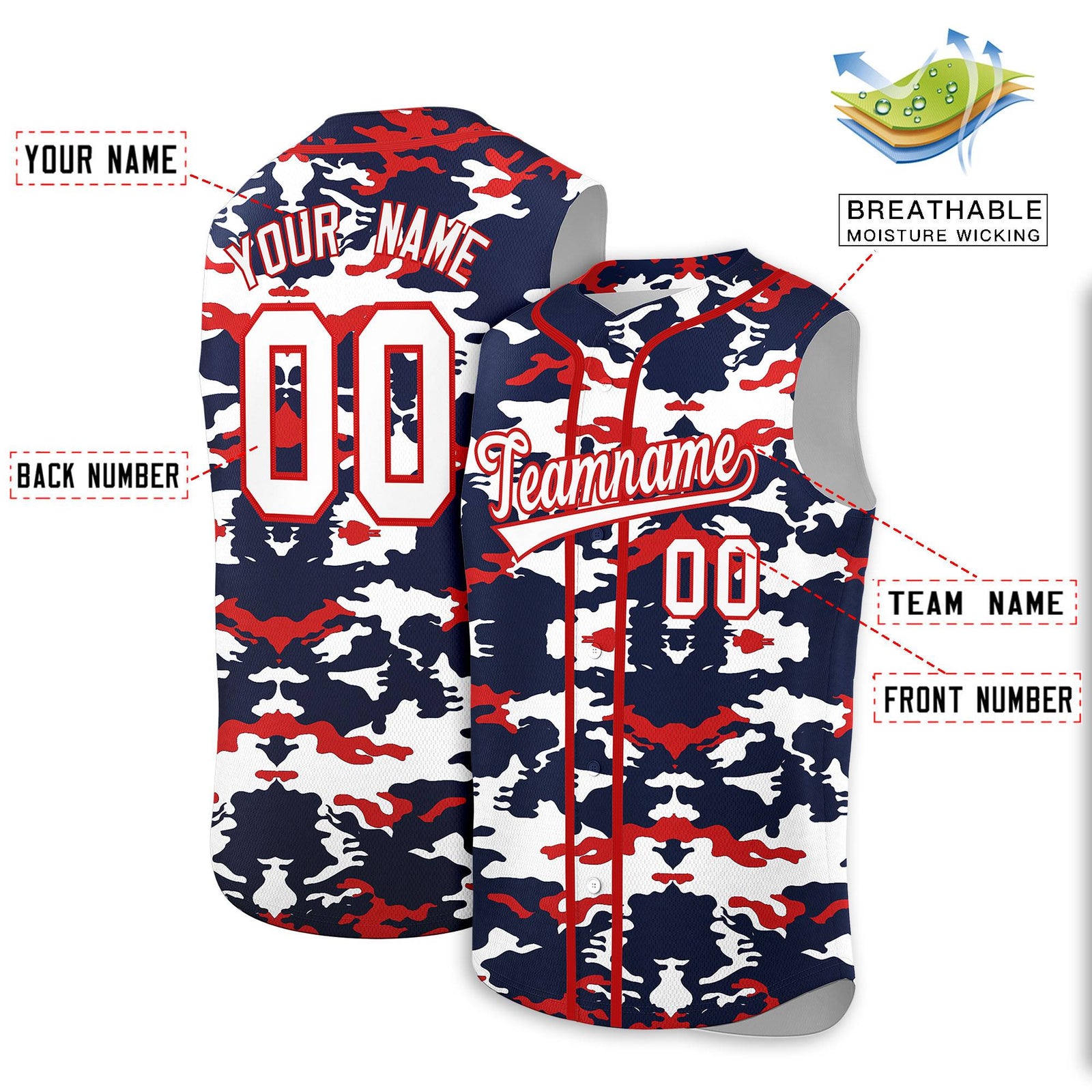 Custom Navy White and Red Camo Fashion Authentic Sleeveless Baseball Jersey