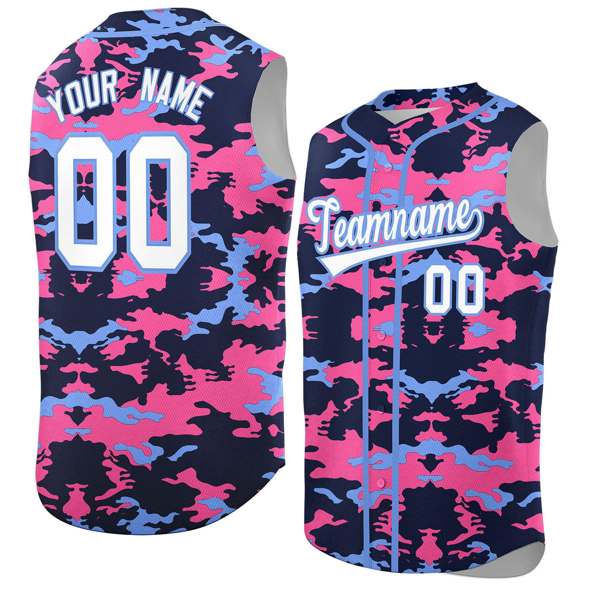 Custom Navy Pink and Powder Blue Camo Fashion Authentic Sleeveless Baseball Jersey