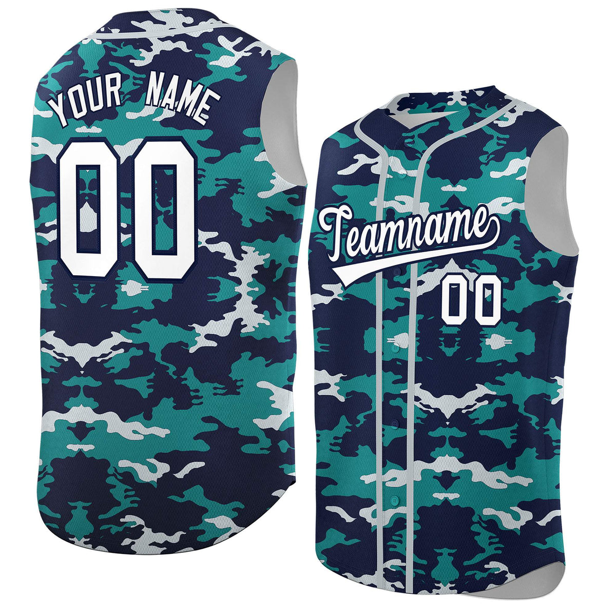 Custom Navy Aqua and Silver Camo Fashion Authentic Sleeveless Baseball Jersey