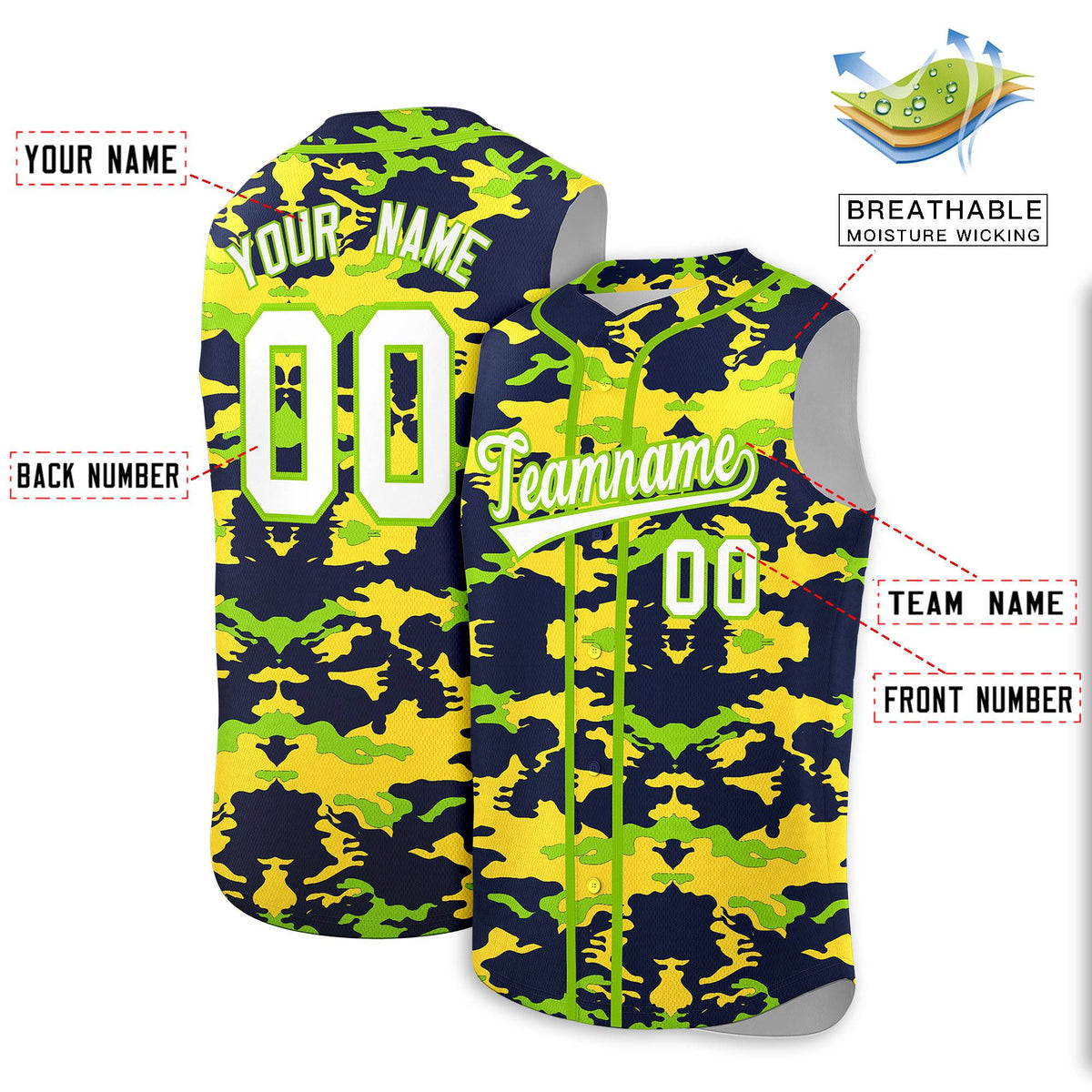 Custom Navy Gold and Neon Green Camo Fashion Authentic Sleeveless Baseball Jersey