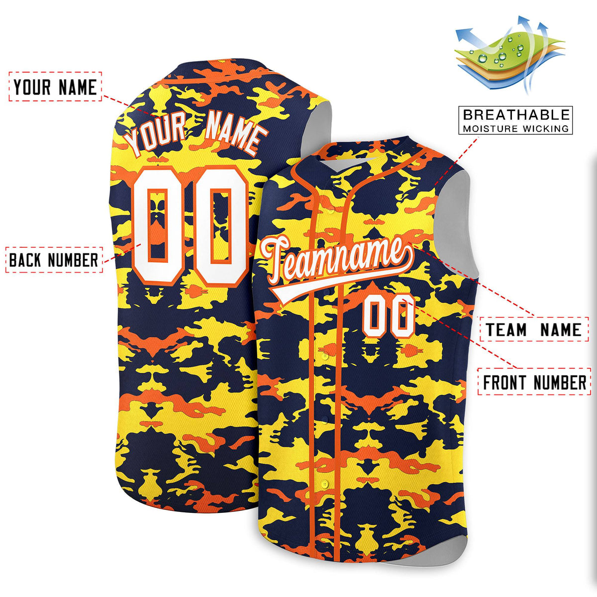 Custom Navy Gold and Orange Camo Fashion Authentic Sleeveless Baseball Jersey
