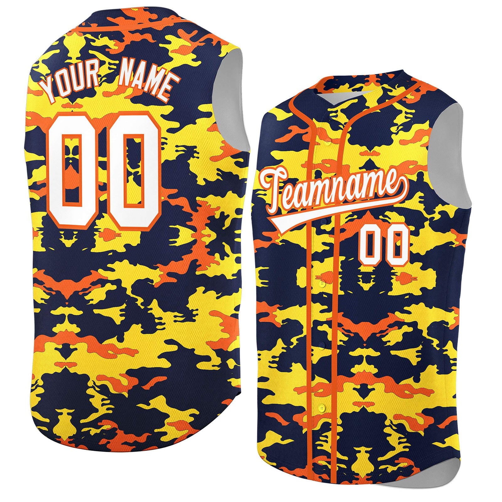 Custom Navy Gold and Orange Camo Fashion Authentic Sleeveless Baseball Jersey