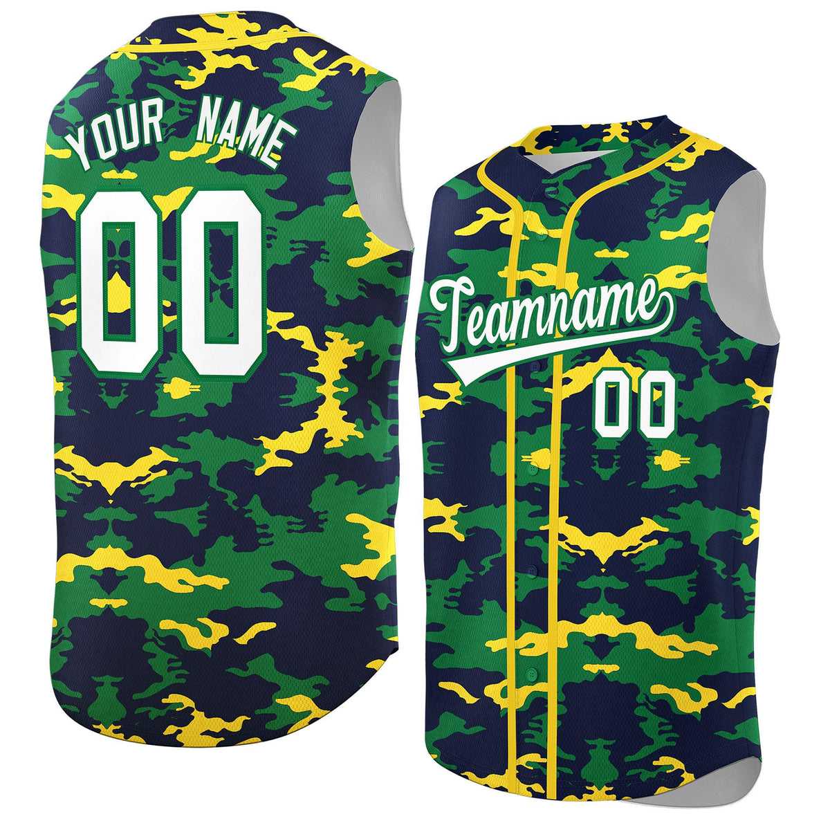 Custom Navy Kelly Green and Gold Camo Fashion Authentic Sleeveless Baseball Jersey