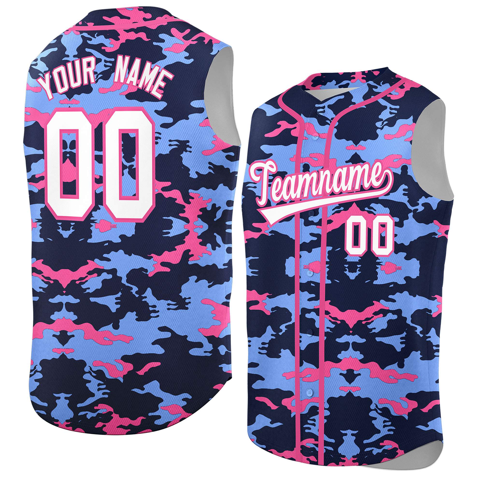 Custom Navy Light Blue and Pink Camo Fashion Authentic Sleeveless Baseball Jersey