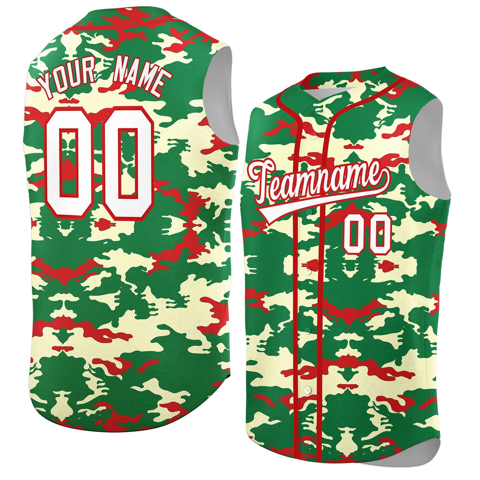 Custom Kelly Green Red Camo Fashion Authentic Sleeveless Baseball Jersey
