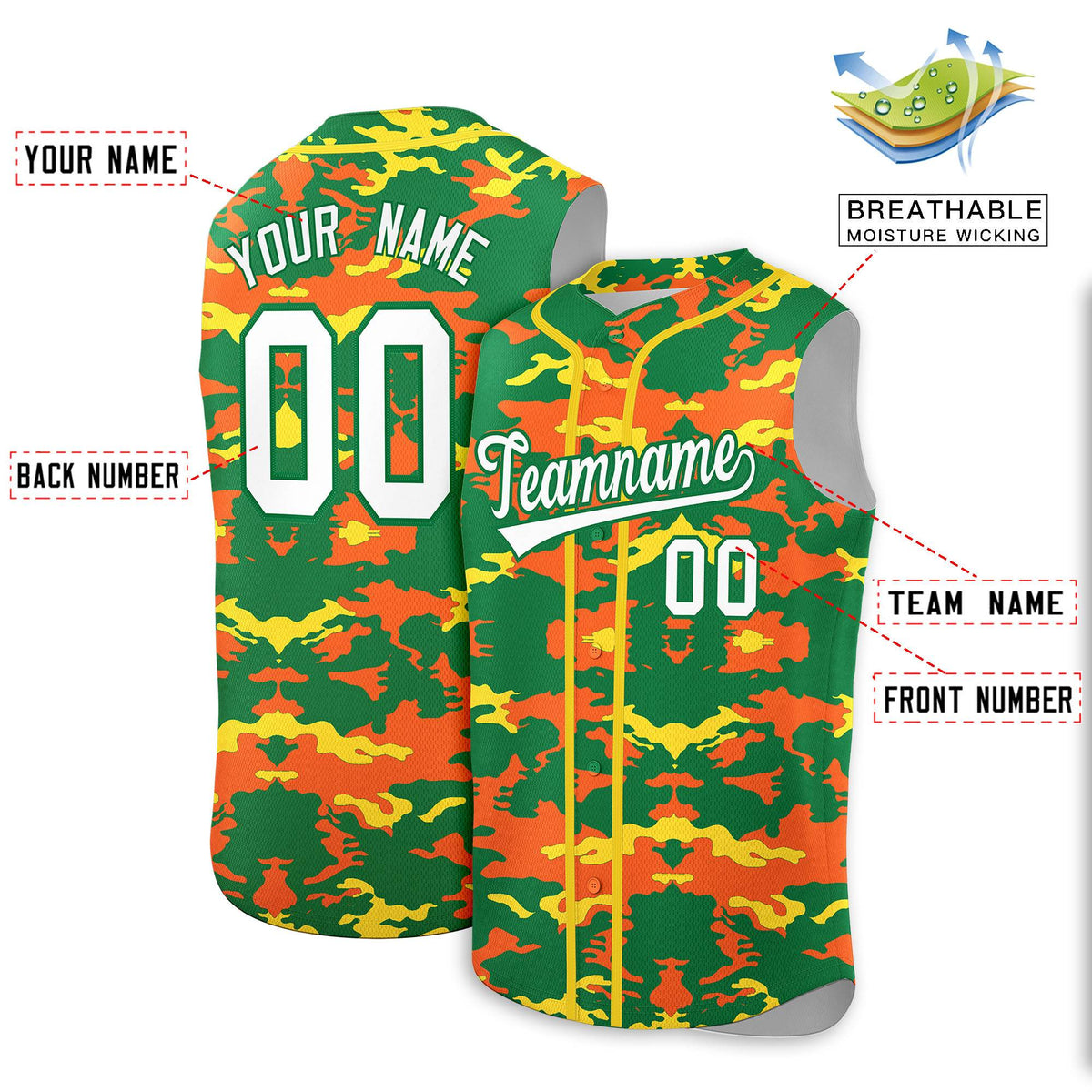 Custom Kelly Green Orange and Gold Camo Fashion Authentic Sleeveless Baseball Jersey