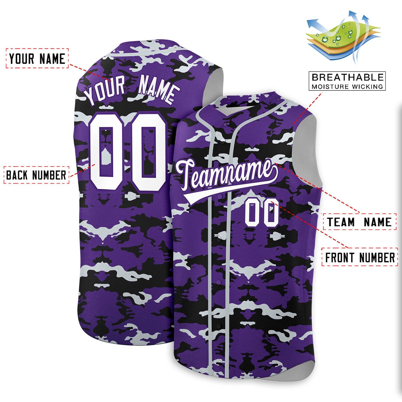 Custom Purple Black and Silver Camo Fashion Authentic Sleeveless Baseball Jersey