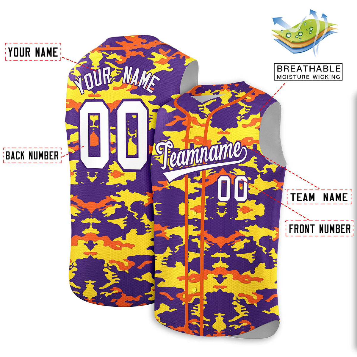 Custom Purple Gold and Orange Camo Fashion Authentic Sleeveless Baseball Jersey