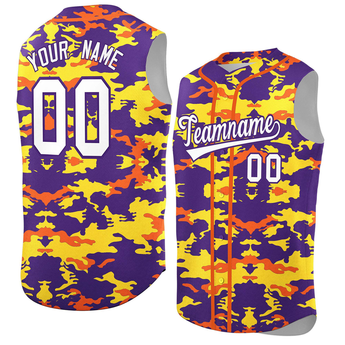 Custom Purple Gold and Orange Camo Fashion Authentic Sleeveless Baseball Jersey
