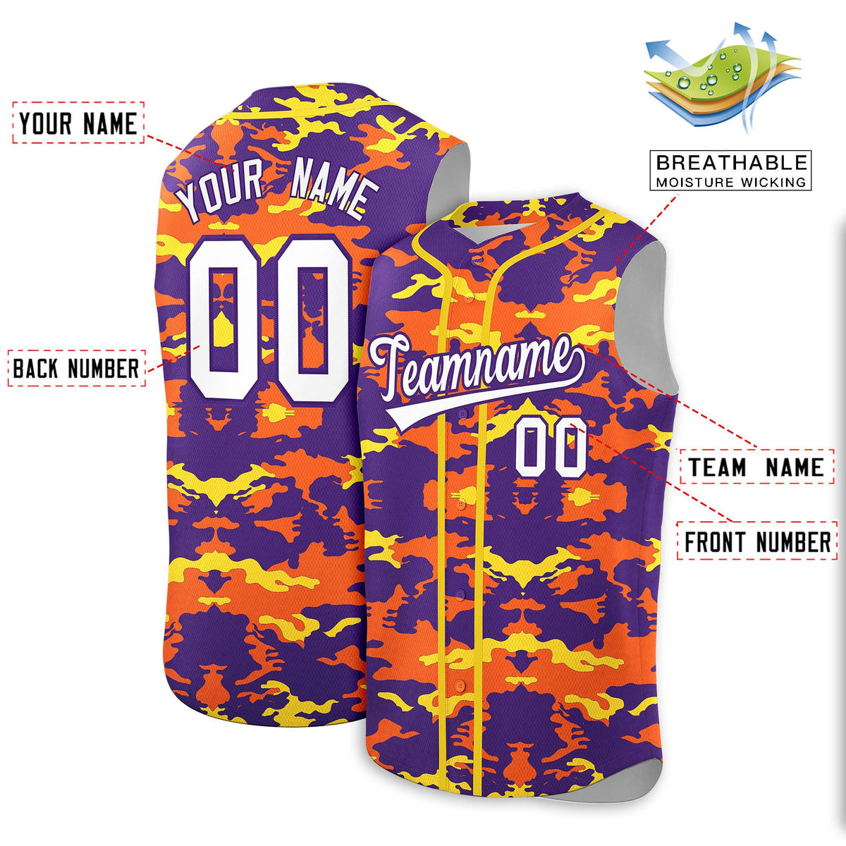 Custom Purple Orange and Gold Camo Fashion Authentic Sleeveless Baseball Jersey