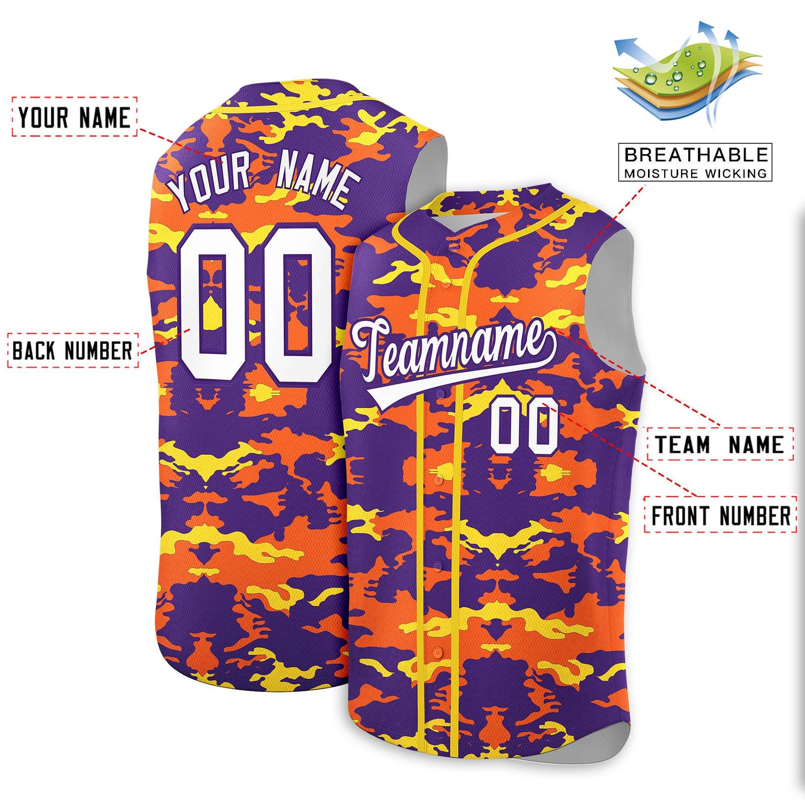 Custom Purple Orange and Gold Camo Fashion Authentic Sleeveless Baseball Jersey