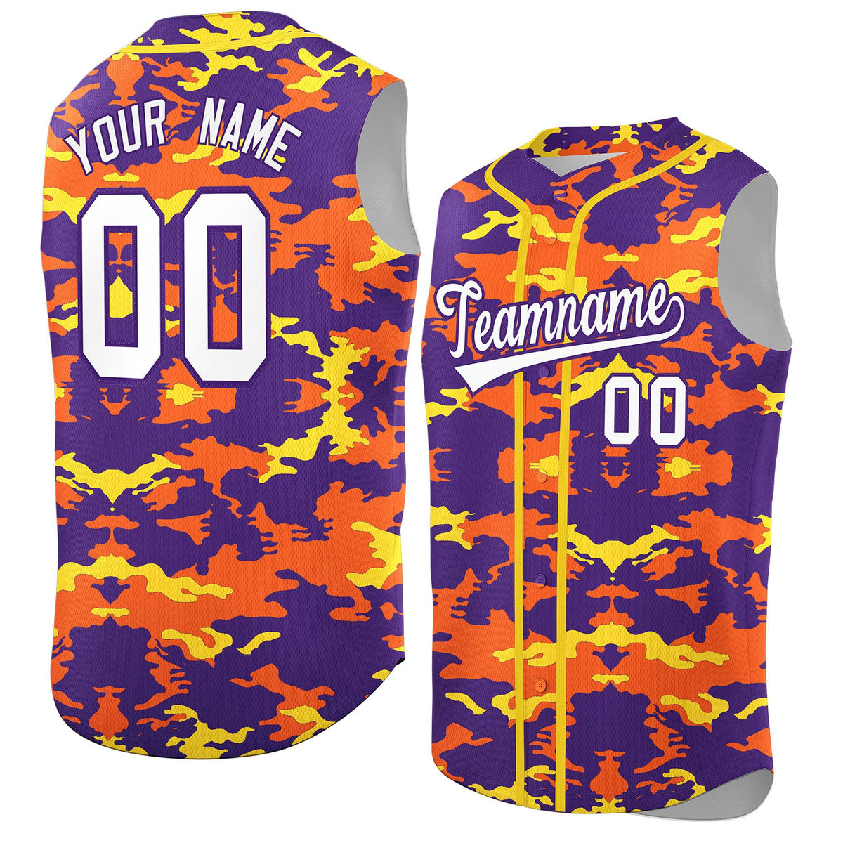Custom Purple Orange and Gold Camo Fashion Authentic Sleeveless Baseball Jersey