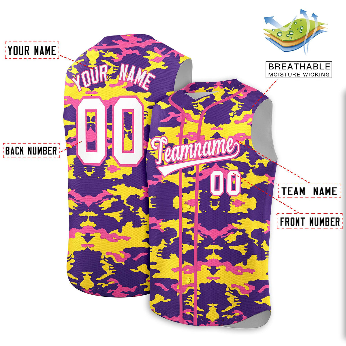 Custom Purple Gold and Pink Camo Fashion Authentic Sleeveless Baseball Jersey