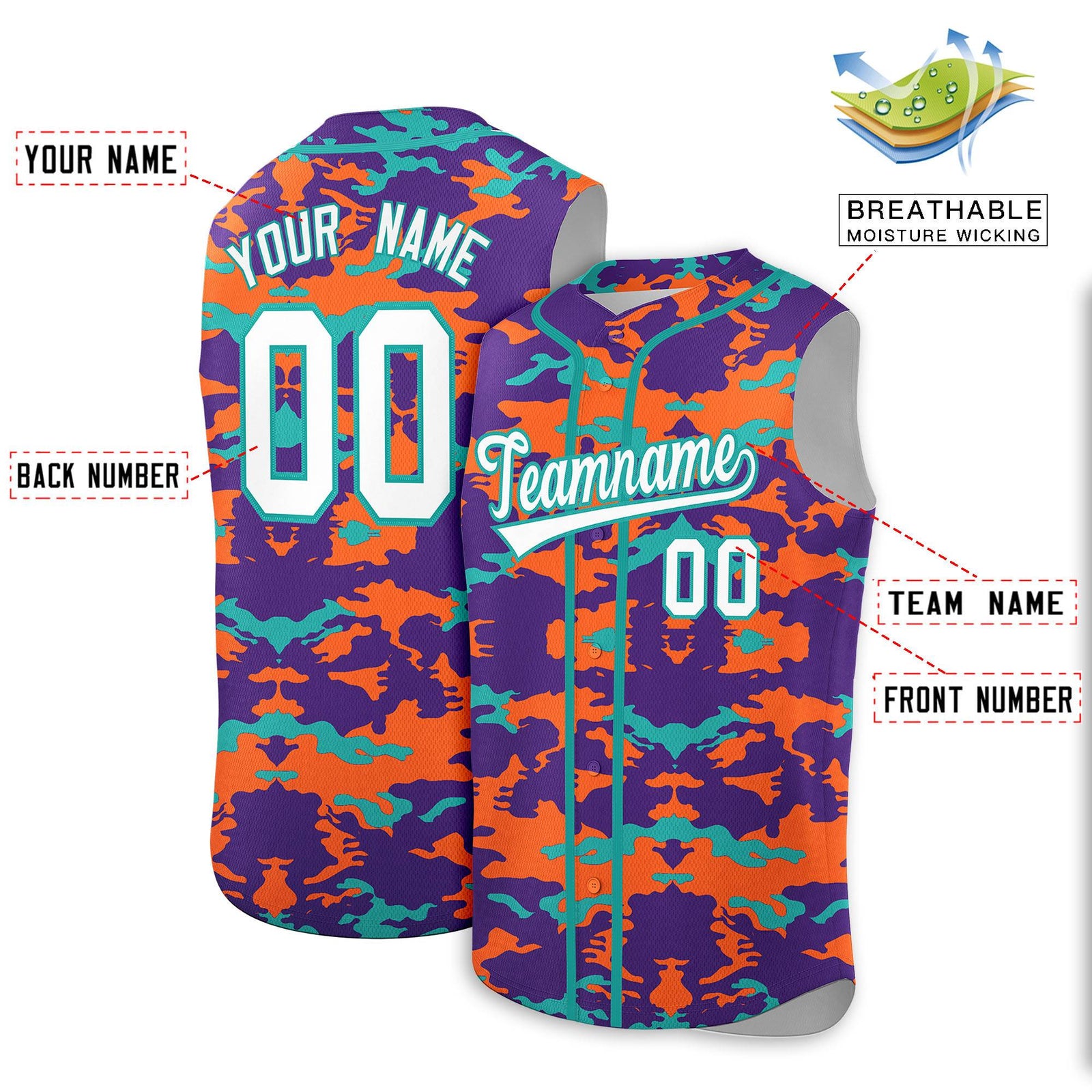 Custom Purple Orange and Aqua Camo Fashion Authentic Sleeveless Baseball Jersey