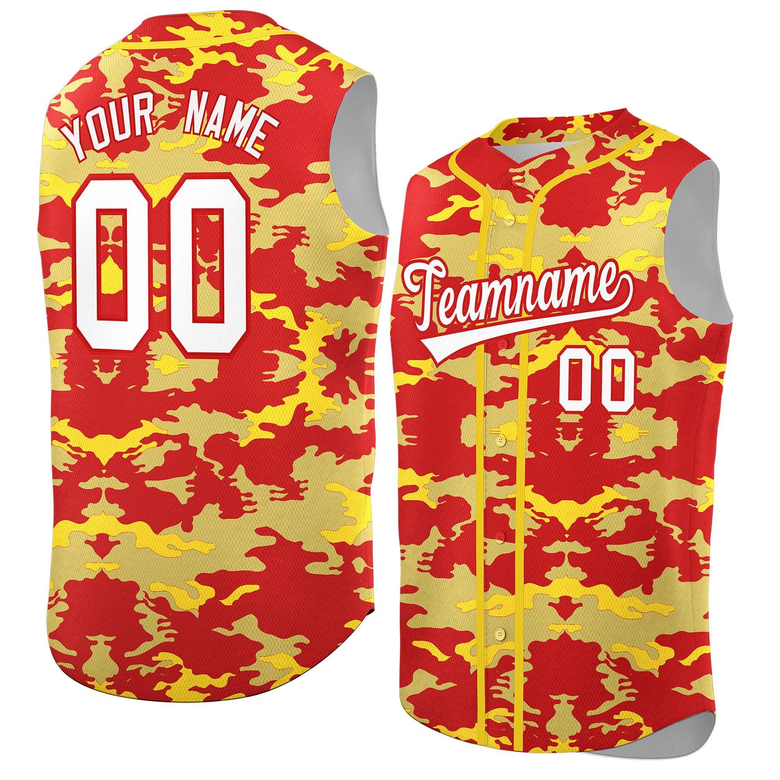 Custom Red Old Gold and Gold Camo Fashion Authentic Sleeveless Baseball Jersey