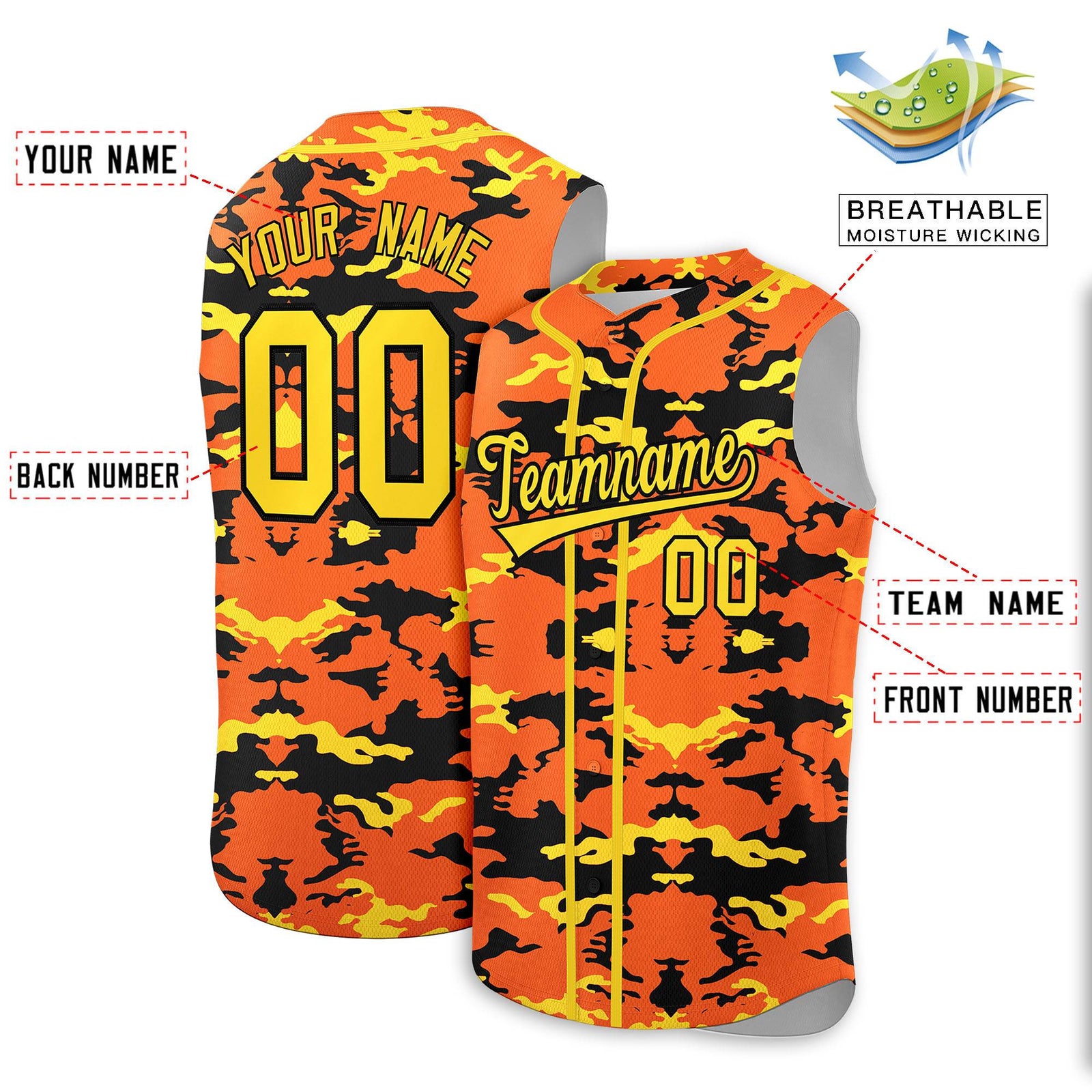 Custom Orange Black and Gold Camo Fashion Authentic Sleeveless Baseball Jersey