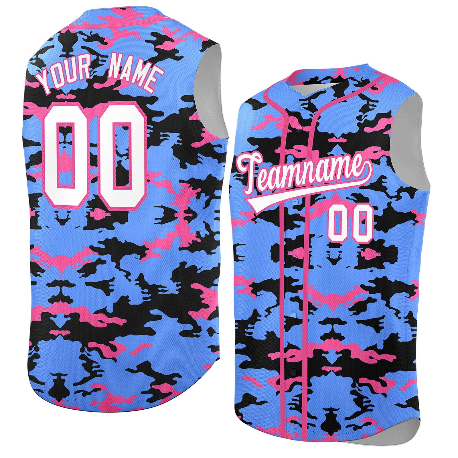 Custom Powder Blue Black and Pink Camo Fashion Authentic Sleeveless Baseball Jersey