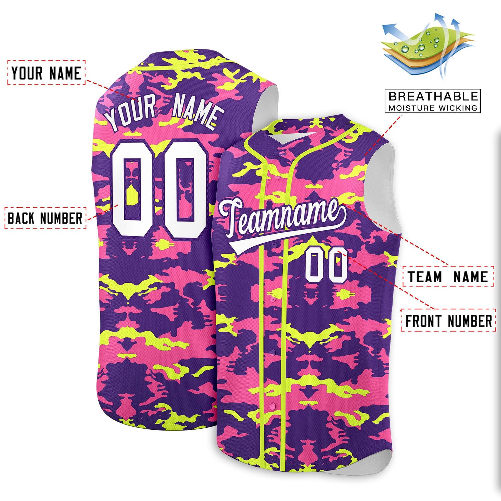 Custom Purple Pink and Fluorescent Green Camo Fashion Authentic Sleeveless Baseball Jersey