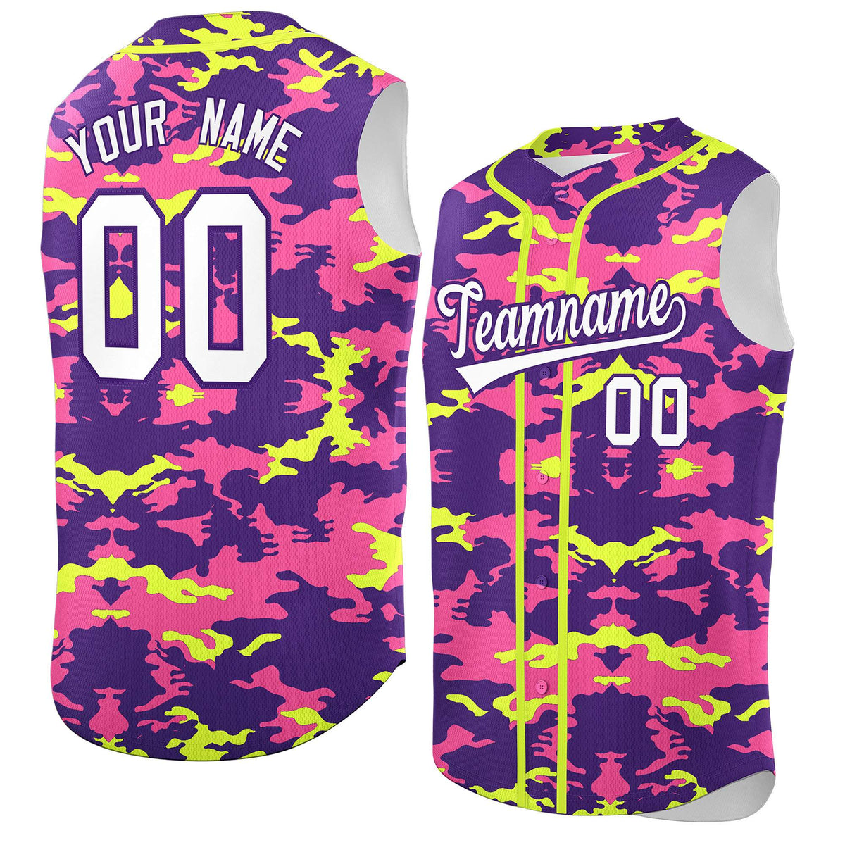 Custom Purple Pink and Fluorescent Green Camo Fashion Authentic Sleeveless Baseball Jersey