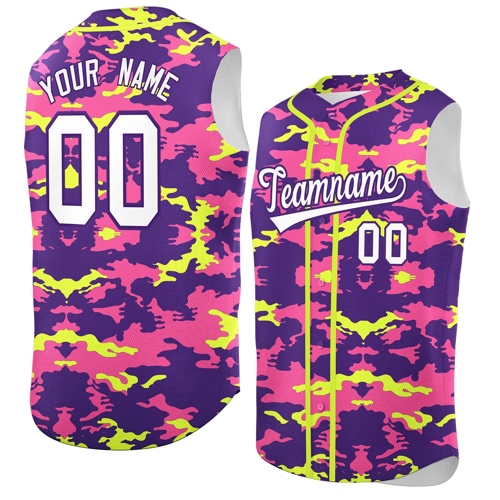 Custom Purple Pink and Fluorescent Green Camo Fashion Authentic Sleeveless Baseball Jersey