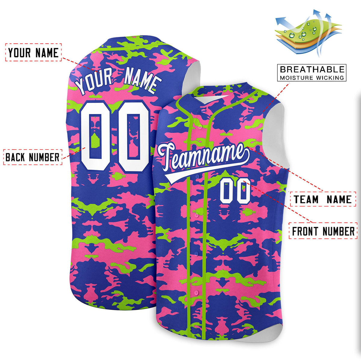 Custom Royal Pink and Neon Green Camo Fashion Authentic Sleeveless Baseball Jersey
