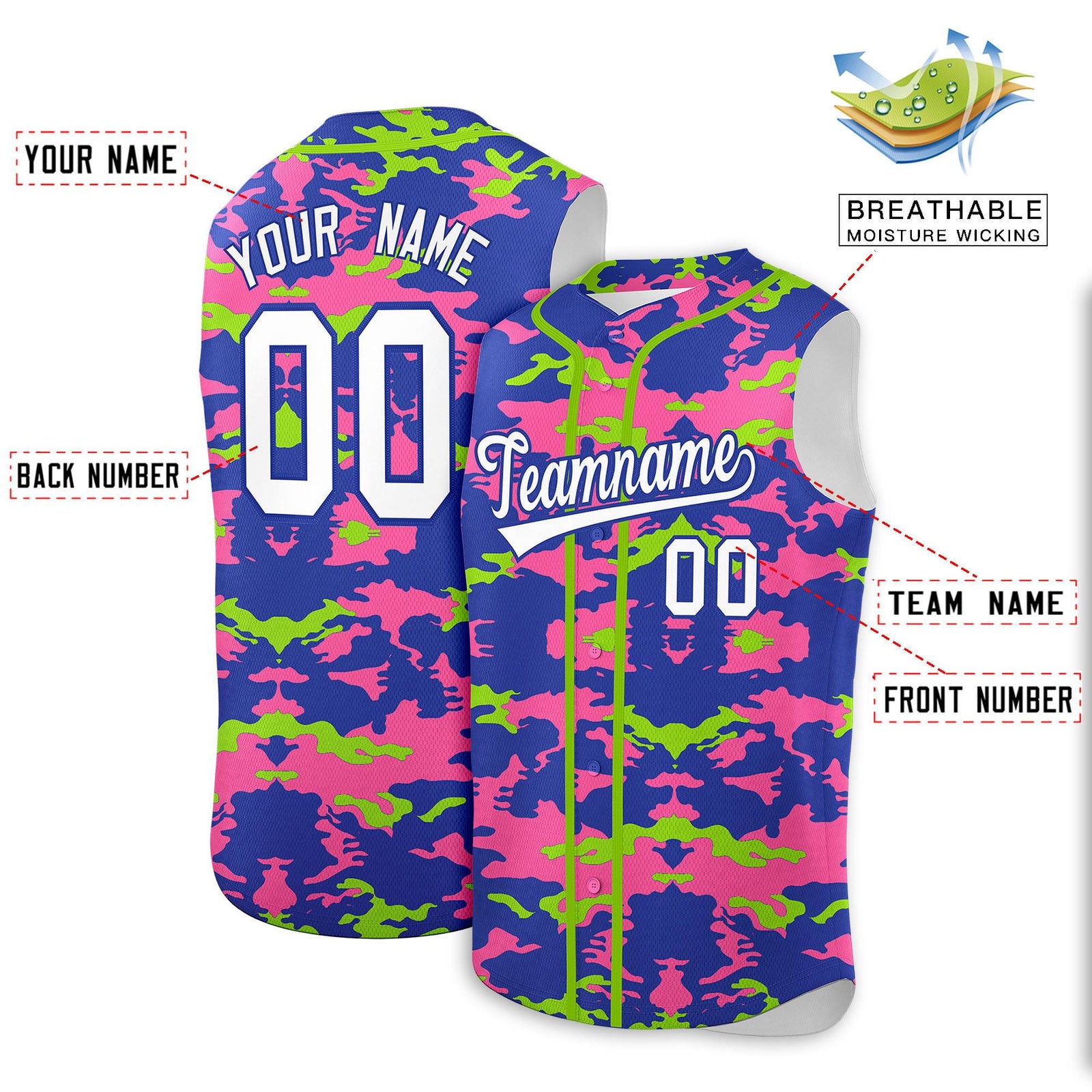 Custom Royal Pink and Neon Green Camo Fashion Authentic Sleeveless Baseball Jersey