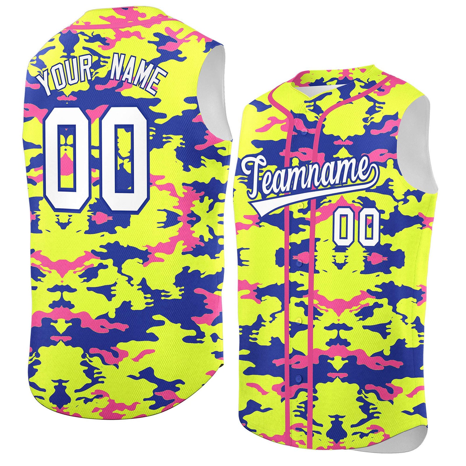 Custom Fluorescent Green Royal and Pink Camo Fashion Authentic Sleeveless Baseball Jersey