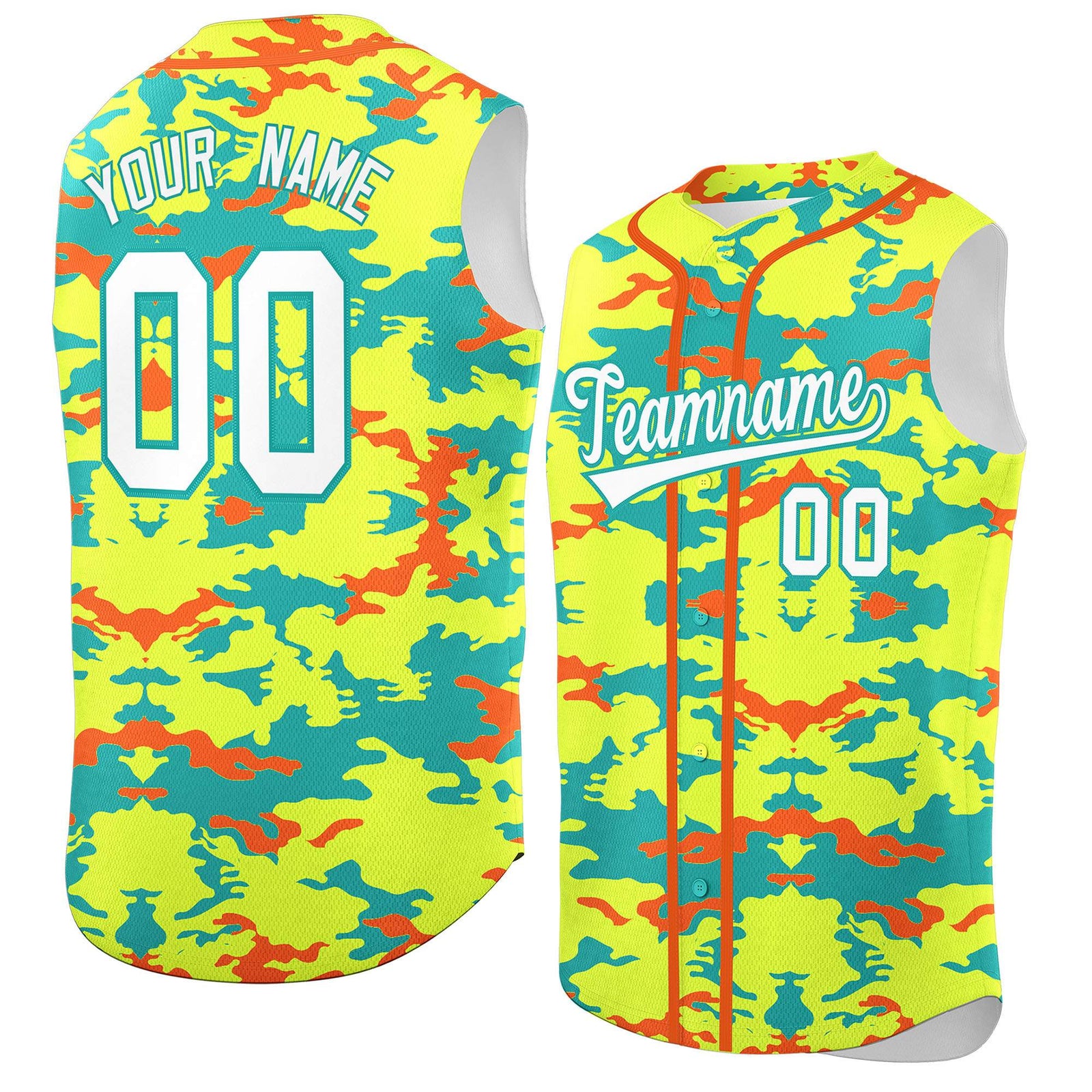 Custom Fluorescent Green Aqua and Orange Camo Fashion Authentic Sleeveless Baseball Jersey