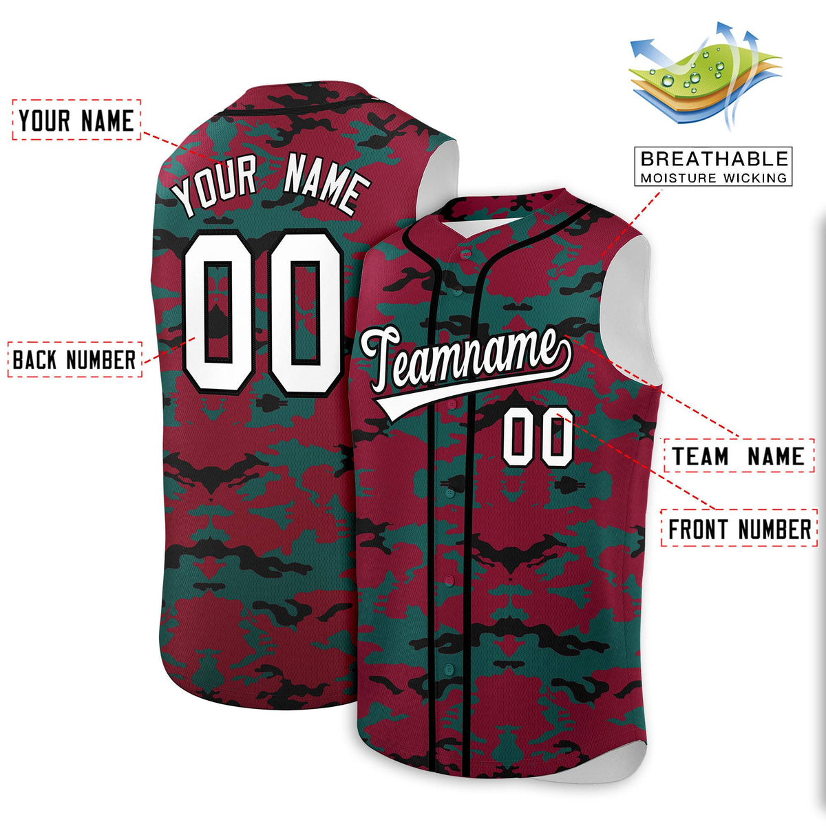 Custom Crimson Midnight Green and Black Camo Fashion Authentic Sleeveless Baseball Jersey