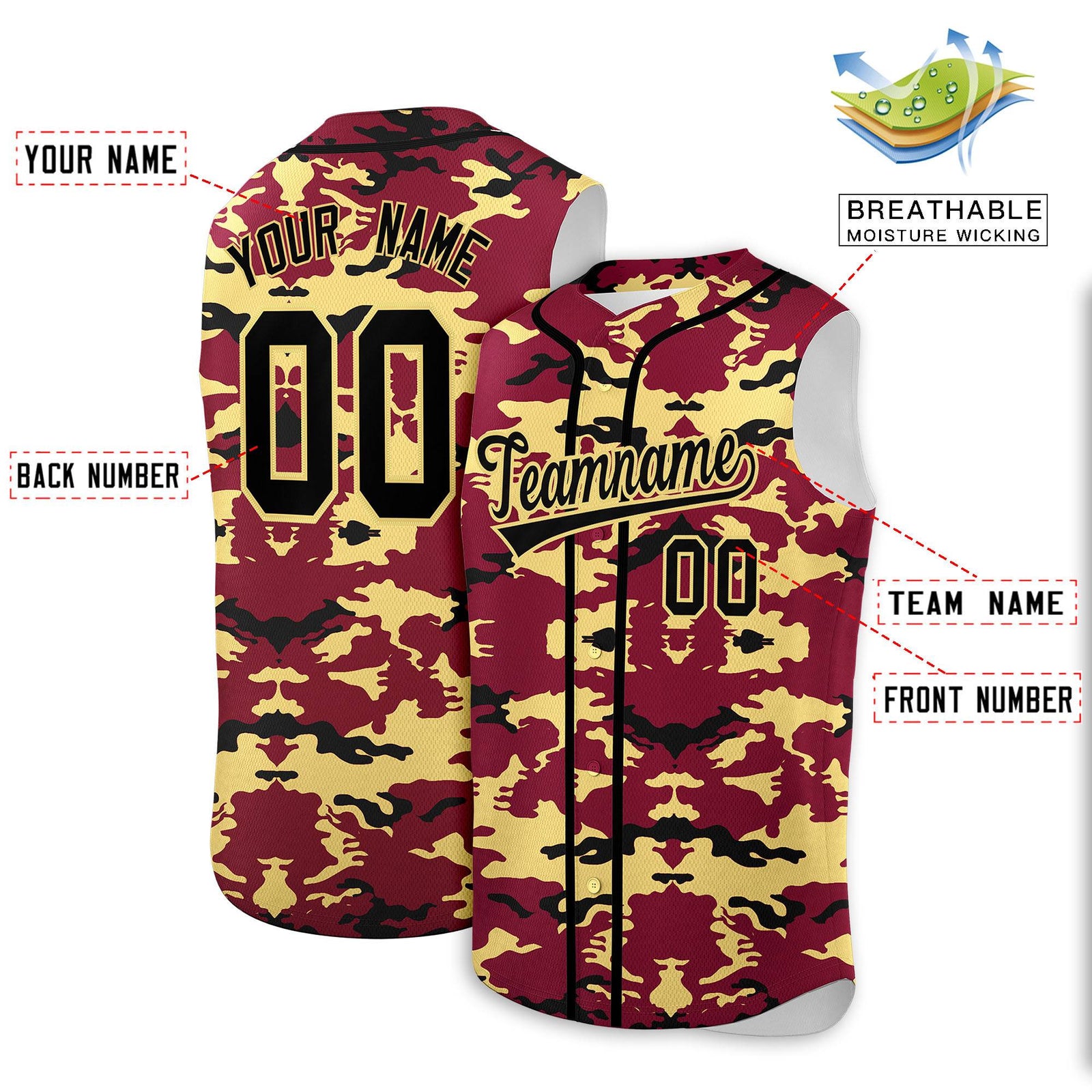 Custom Crimson Khaki and Black Camo Fashion Authentic Sleeveless Baseball Jersey