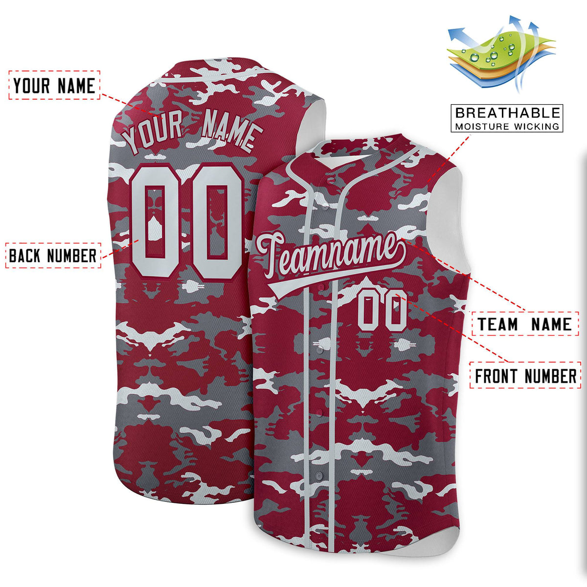Custom Crimson Gray and Silver Camo Fashion Authentic Sleeveless Baseball Jersey
