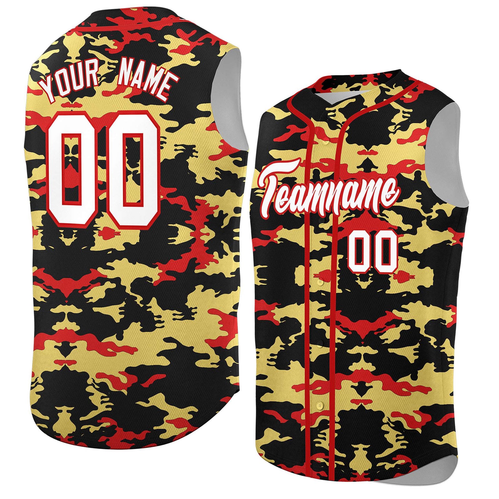 Custom Black Old Gold and Red Camo Fashion Authentic Sleeveless Baseball Jersey