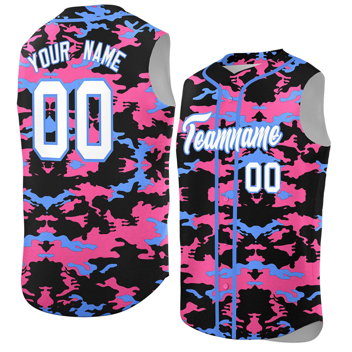 Custom Black Pink and Powder Blue Camo Fashion Authentic Sleeveless Baseball Jersey