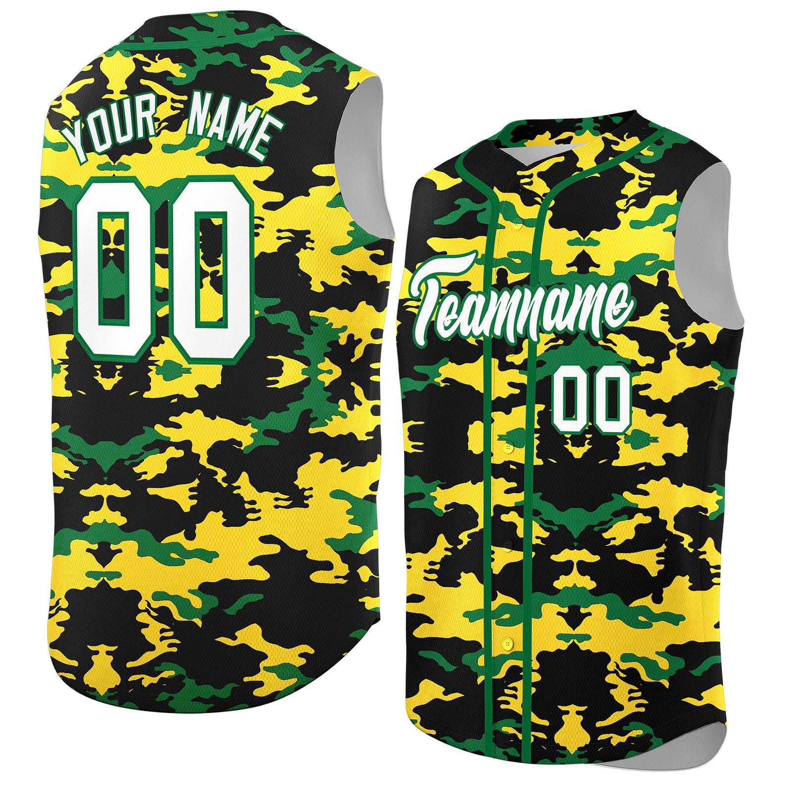 Custom Black Gold and Kelly Green Camo Fashion Authentic Sleeveless Baseball Jersey