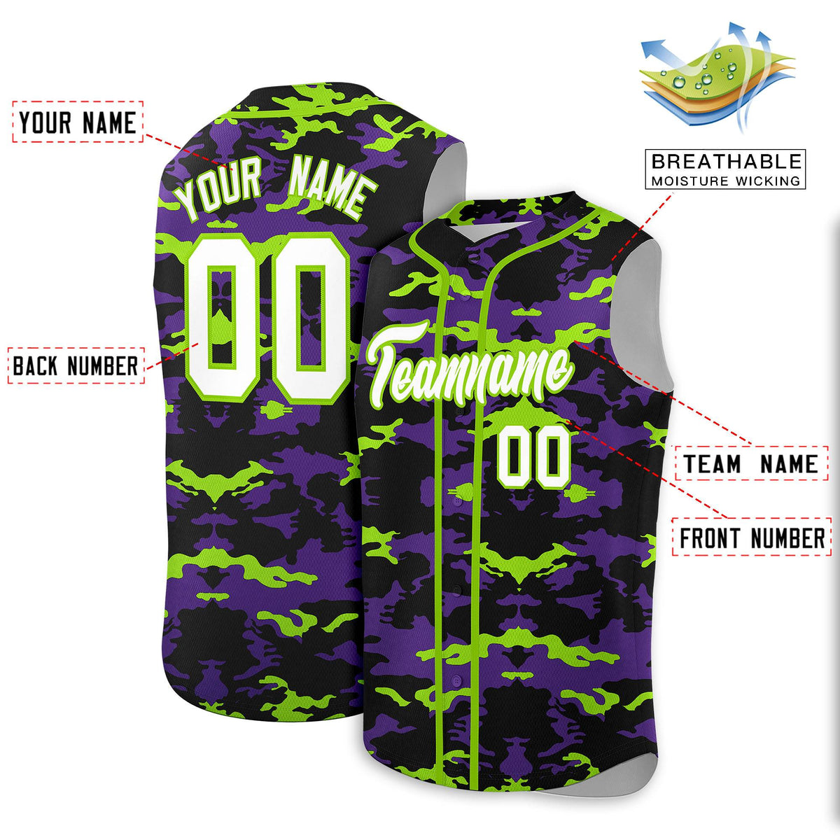 Custom Black Purple and Neon Green Camo Fashion Authentic Sleeveless Baseball Jersey